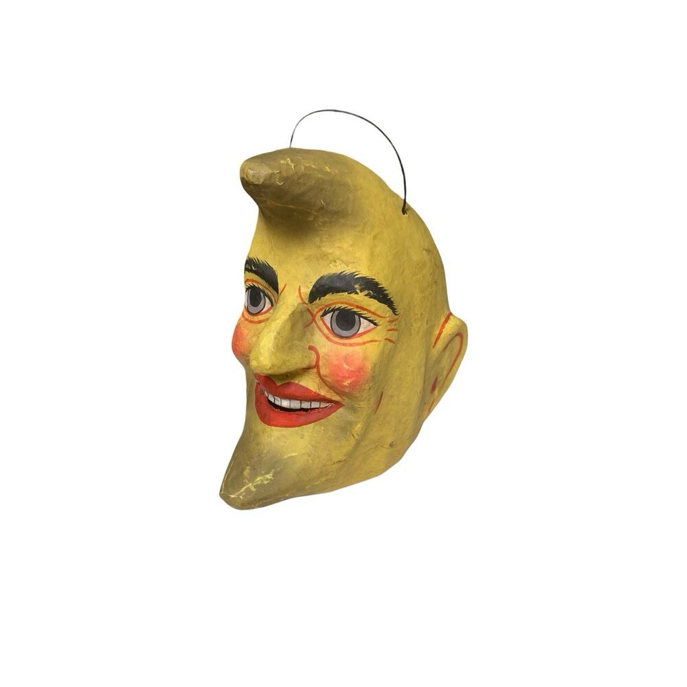 Crescent Moon Man Paper Mache Bucket Made In Philippines Yellow Folk Art Decor
